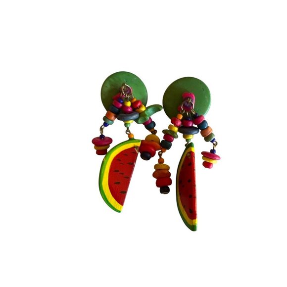 Watermelon-Themed Handmade Wooden Earrings With Bead Accents - Picture 1 of 3